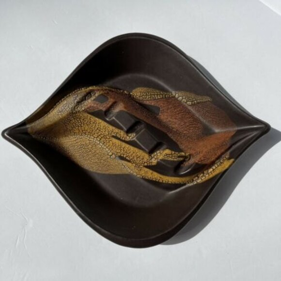Royal Haeger #2094 Mid Century Modern Brown & Yellow Abstract Snakeskin Ashtray - Picture 1 of 10